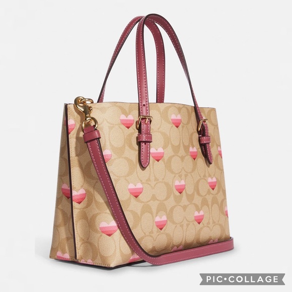 NWT COACH MOLLIE TOTE 25 IN SIGNATURE CANVAS STRIPE HEART PRINT GOLD/LIGHT KHAKI - Picture 4 of 12